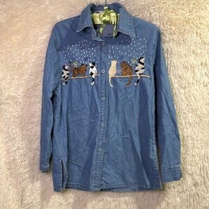 Vintage Blue Cat Embroidered Denim Shirt